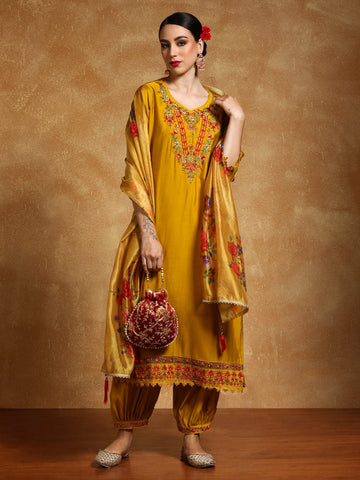 Varanga Women Floral Motif Thread Embroidered Yoke Kurta with Trouser & Dupatta